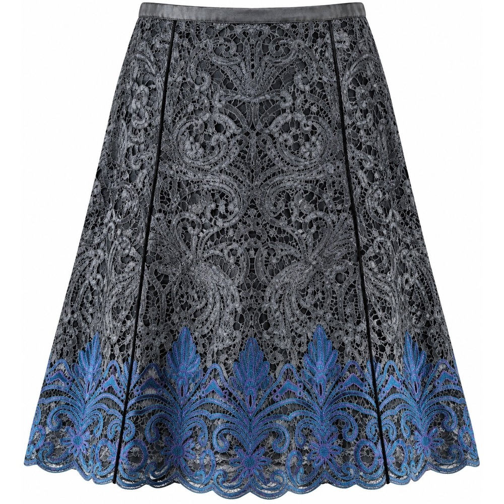 Peter Nygard Size 16 Embroidered Lace A-Line Skirt Blue Black Floral